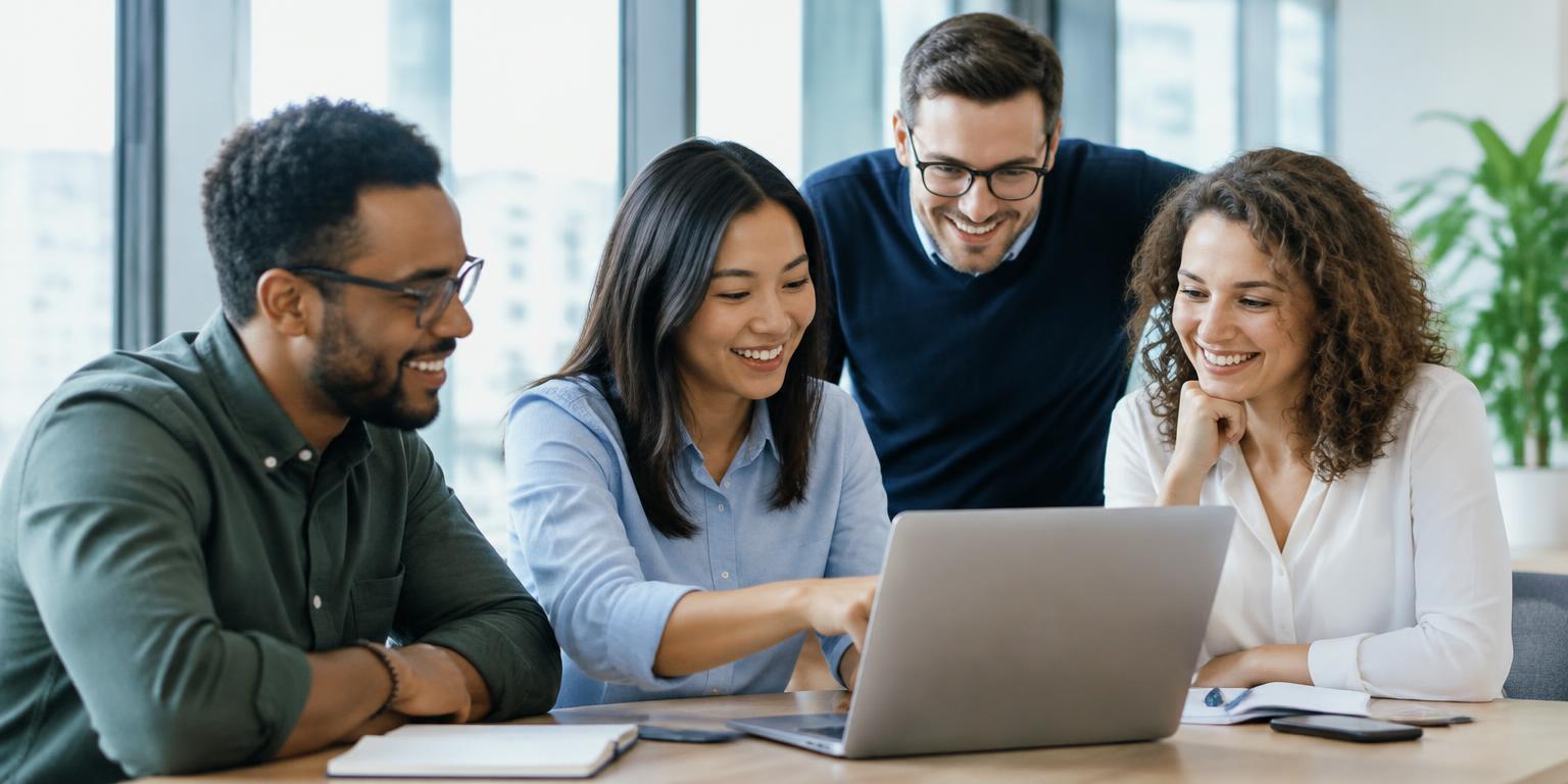 The EncompassPay team collaborating around a laptop in a bright modern office