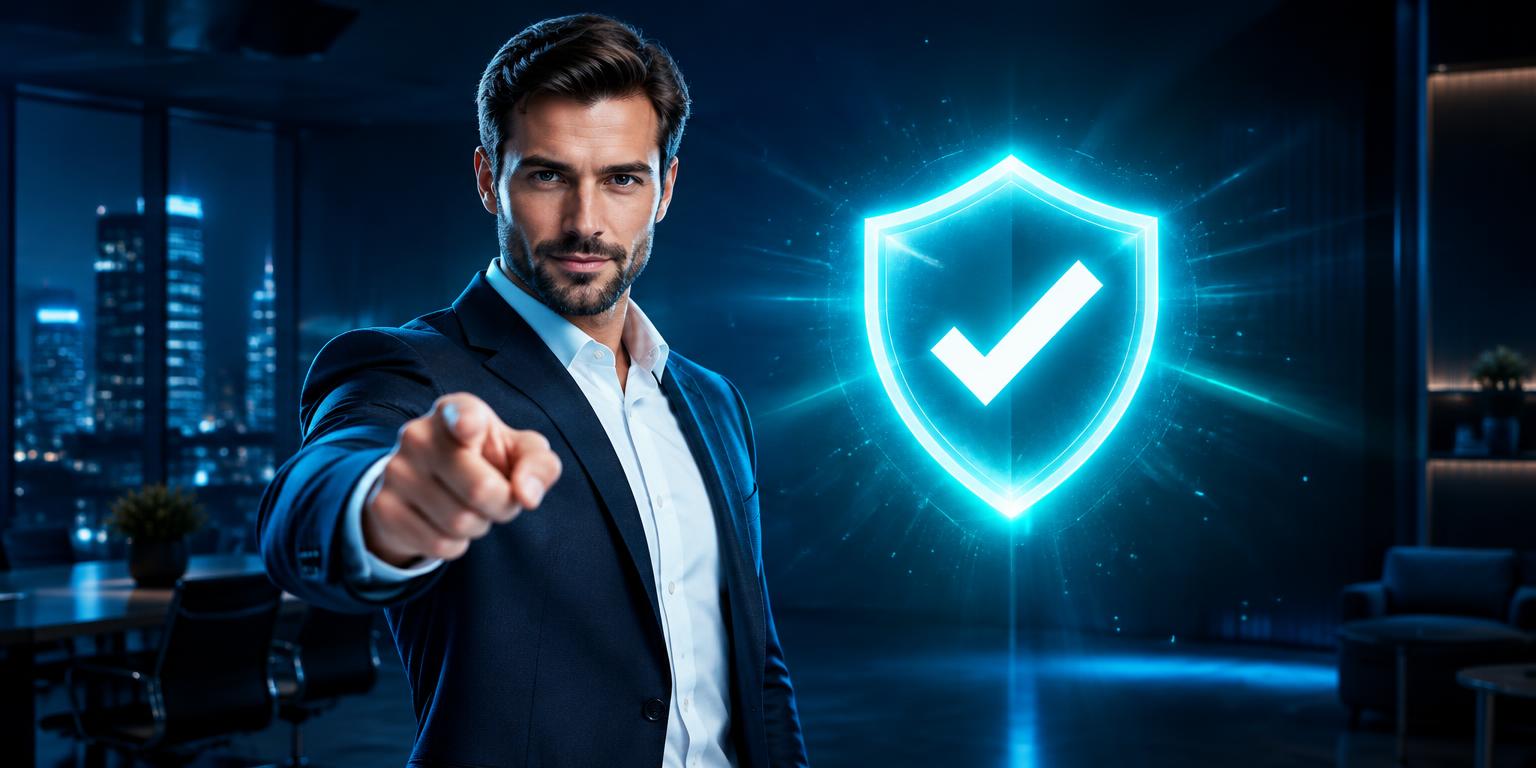 A business professional pointing forward beside a glowing shield with a checkmark
