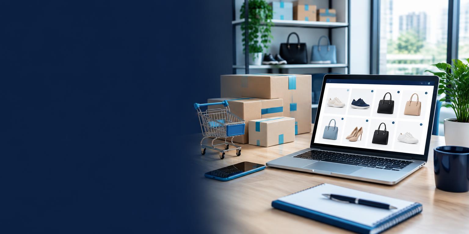 Online store on a laptop beside shipping boxes and a shopping cart