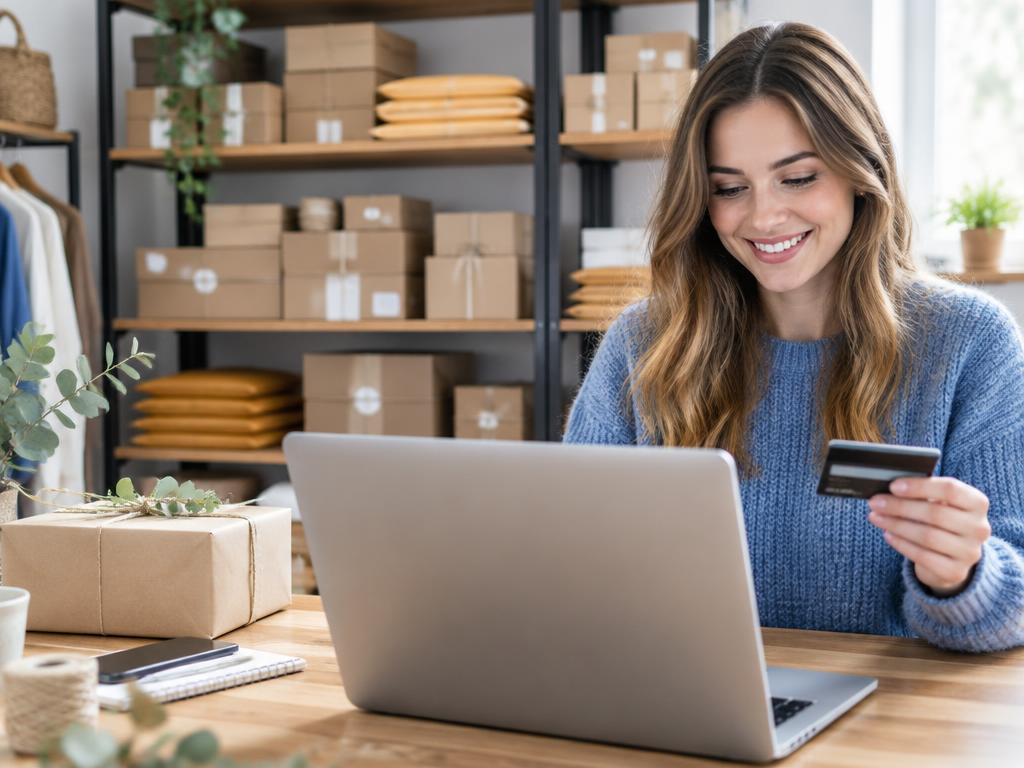 Online boutique owner accepting a card payment at her laptop