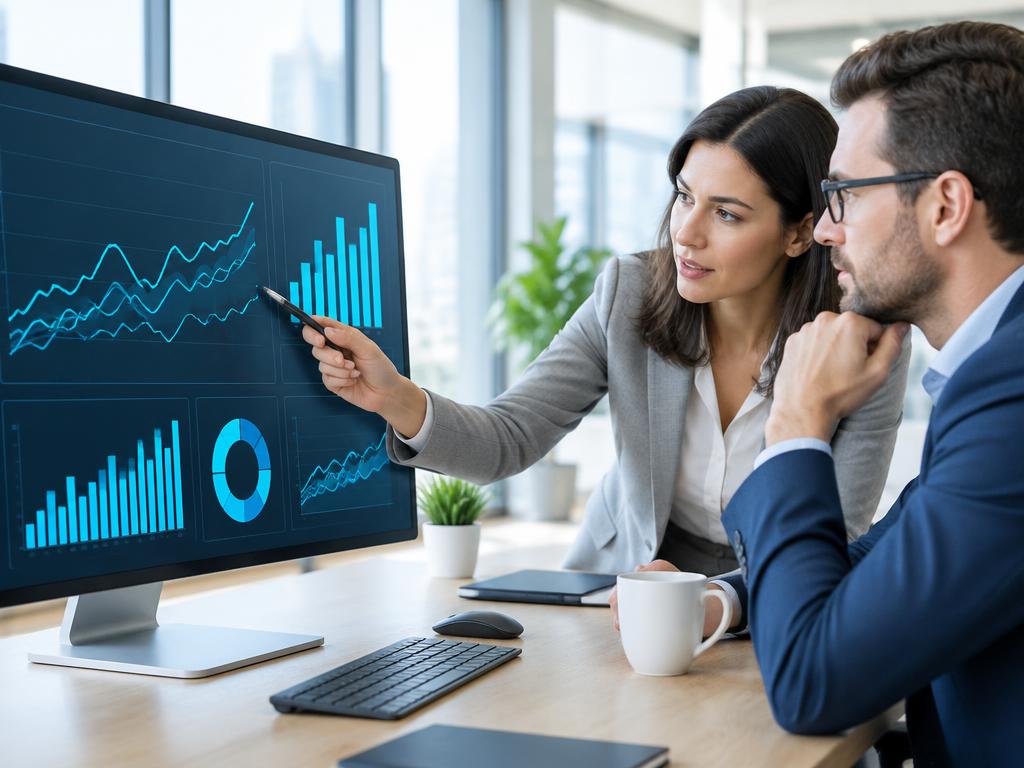 Colleagues reviewing illustrative payment analytics on a monitor