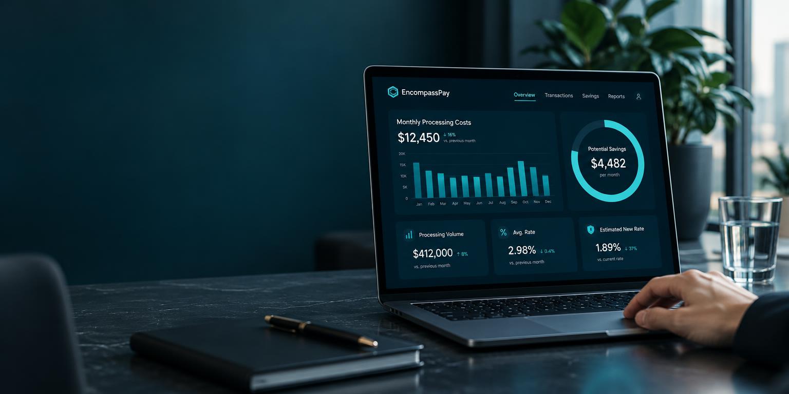 Laptop displaying EncompassPay processing costs and potential savings