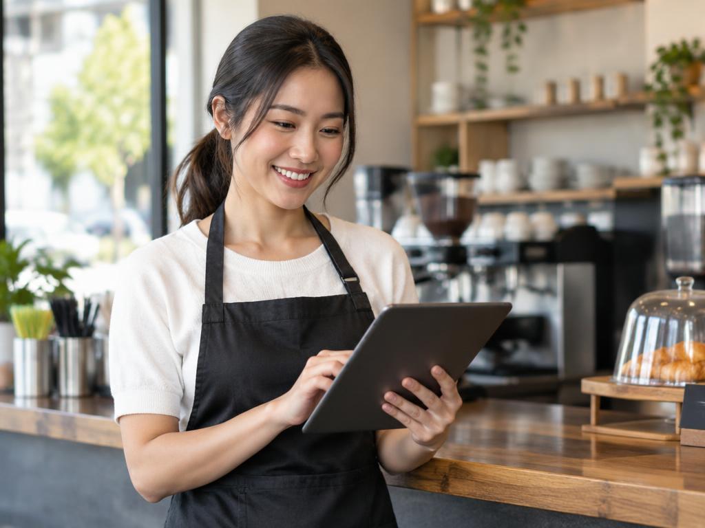 Cafe owner managing payments on a tablet