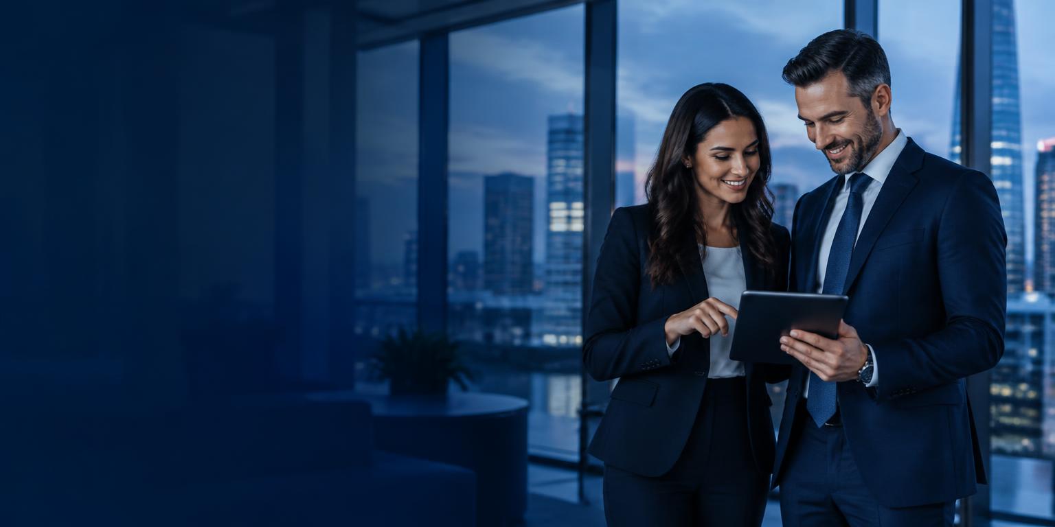 Two partner professionals reviewing a tablet together