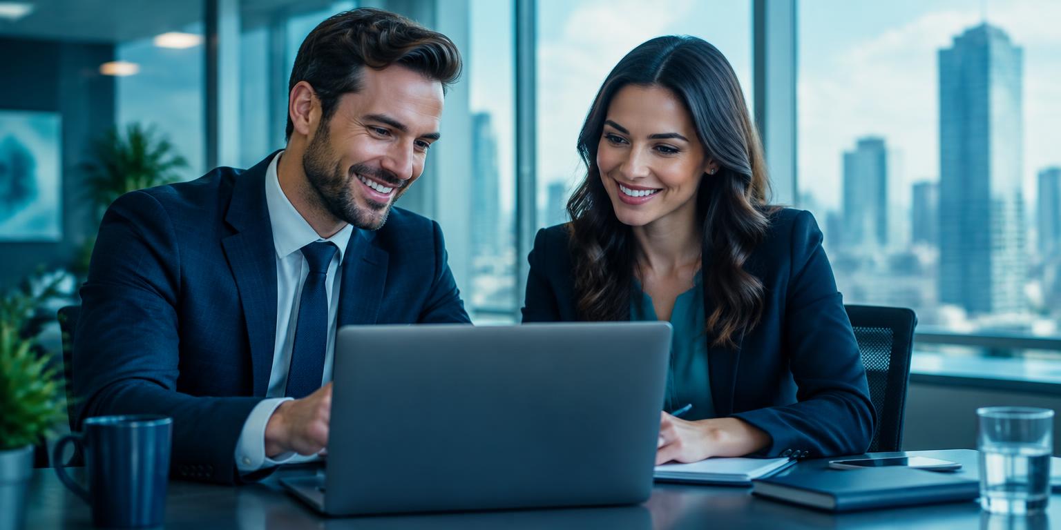 Two partner professionals smiling while working at a laptop